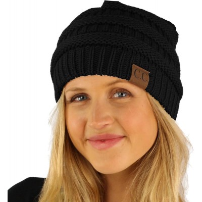 Skullies & Beanies Fleeced Fuzzy Lined Unisex Chunky Thick Warm Stretchy Beanie Hat Cap - Solid Black - CC18IT5G33Y $11.84