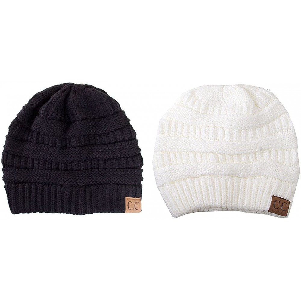 Skullies & Beanies Trendy Warm Chunky Soft Stretch Cable Knit Beanie Skull Cap - 2 Pack Black/Ivory - CL12MZG3ZMH $16.71