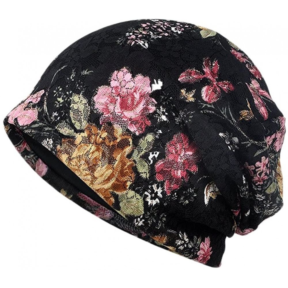 Skullies & Beanies Womens Mesh Lace Floral Print Breathable Soft Beanie Hat Cap - Black - CG18566G8DX $14.17