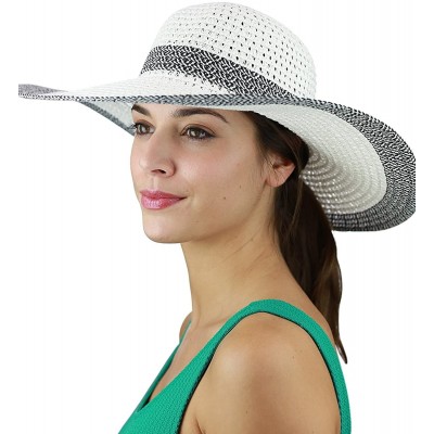 Sun Hats Women's Open Weaved Multicolored Band and Wide Brim Floppy Summer Sun Hat - White/Black - C717YU902NC $9.83