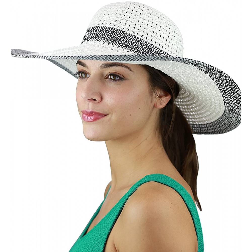 Sun Hats Women's Open Weaved Multicolored Band and Wide Brim Floppy Summer Sun Hat - White/Black - C717YU902NC $9.83