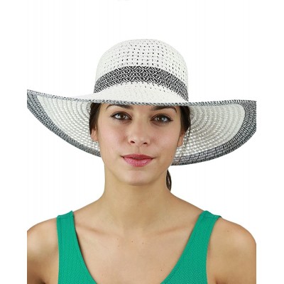 Sun Hats Women's Open Weaved Multicolored Band and Wide Brim Floppy Summer Sun Hat - White/Black - C717YU902NC $9.83