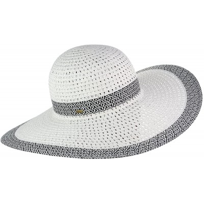 Sun Hats Women's Open Weaved Multicolored Band and Wide Brim Floppy Summer Sun Hat - White/Black - C717YU902NC $9.83