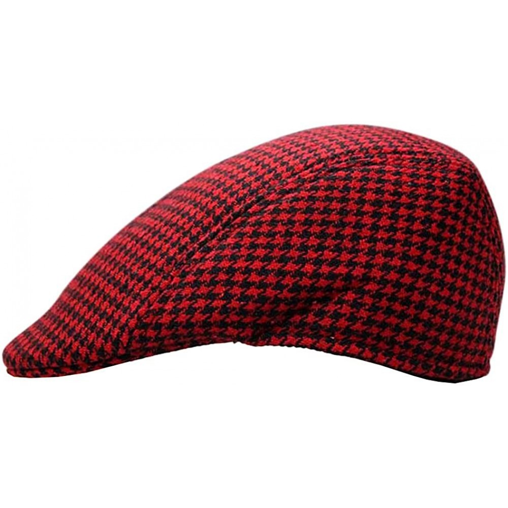 Newsboy Caps Retro Houndstooth Check Checker Print Pattern Flat Cap FFH119BLK - Red - CE11K0F2GTZ $15.23