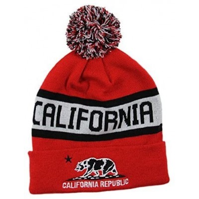 Skullies & Beanies California Republic Fleece Lined Beanie with Pom Pom- Red/Black - CM129KD3PCJ $14.04