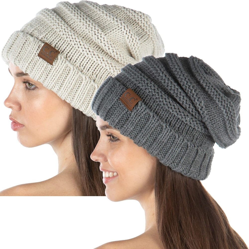 Skullies & Beanies Oversized 2-Pack Bundle - Solid - Heather Grey- Beige - C218YMQ96KM $15.53