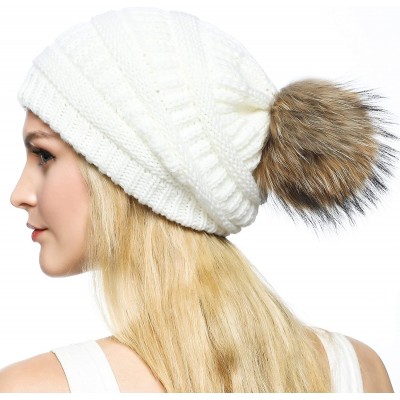 Skullies & Beanies Knit Hat for Womens Girls Fleece Winter Slouchy Beanie Hat with Real Raccon Fox Fur Pom Pom - Slouch White...