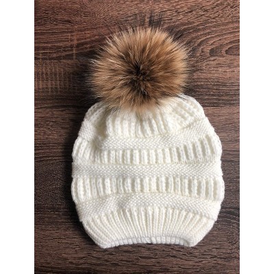 Skullies & Beanies Knit Hat for Womens Girls Fleece Winter Slouchy Beanie Hat with Real Raccon Fox Fur Pom Pom - Slouch White...