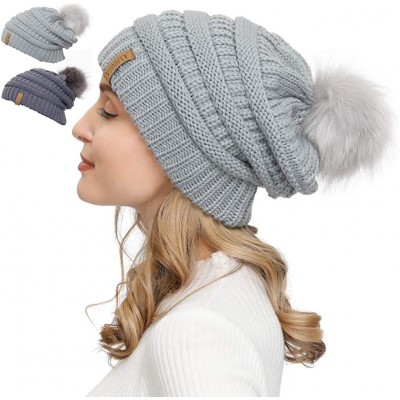 Skullies & Beanies Slouchy Beanie for Women Winter Hats Knit Warm Skull Ski Cap Faux Fur Pom Pom Hat Warm Ski Baggy Cap - CD1...