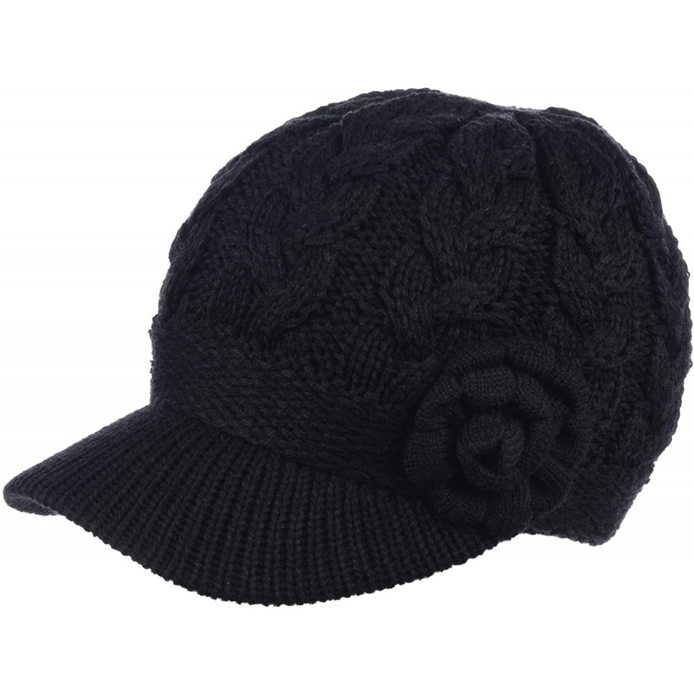 Newsboy Caps Women's Winter Fleece Lined Elegant Flower Cable Knit Newsboy Cabbie Hat - Black Cable Flower - CB18IILD372 $17.13