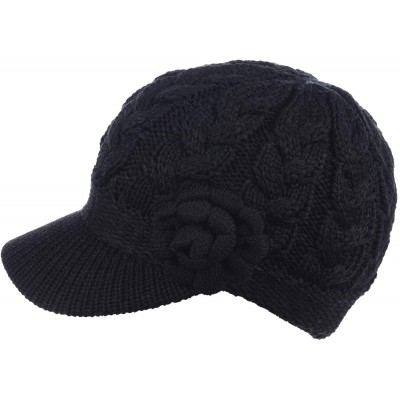 Newsboy Caps Women's Winter Fleece Lined Elegant Flower Cable Knit Newsboy Cabbie Hat - Black Cable Flower - CB18IILD372 $17.13