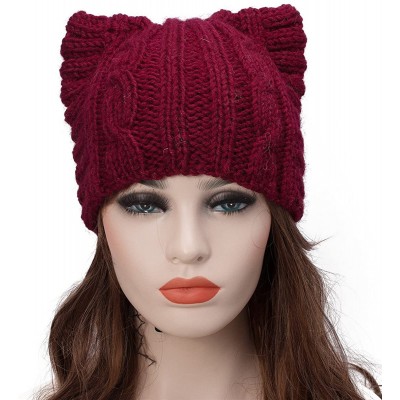 Skullies & Beanies Cute Meow Kitty Woman Wool Handmade Knit Cap Beanie Hat A004 - Wine - C911N3G5Y6Z $12.00