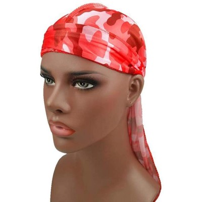Skullies & Beanies Silky Durag for Men and Women- Star Floral Camouflage Print Long Tail Caps Headwraps Turban - Red - C718XU...