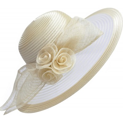 Sun Hats Women Solid Color Sinamay Wide Brim Sun Hat Dress Flower Bow A435 - Light Gold - CS17Z6MUMIW $33.89