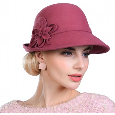 Bucket Hats Women's Decorative Flowers Wool Felt Bucket Hat - Pink - CB12MCI9OF1 $44.01