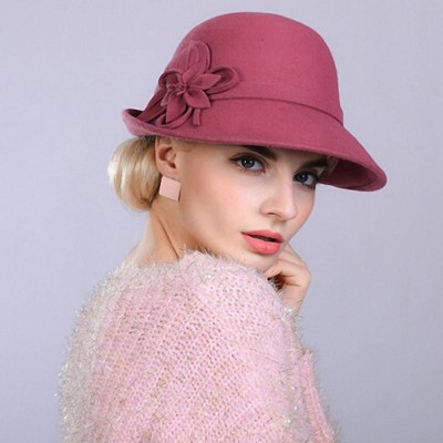 Bucket Hats Women's Decorative Flowers Wool Felt Bucket Hat - Pink - CB12MCI9OF1 $44.01