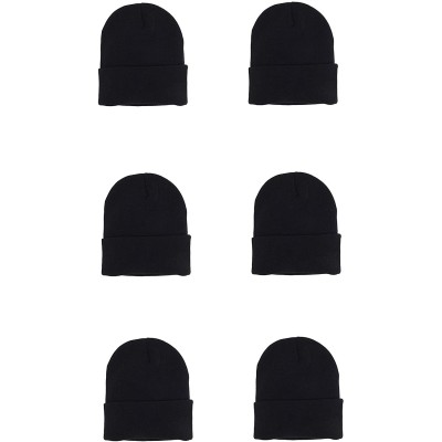 Skullies & Beanies Wholesale 6 PCS Unisex Knit Long Cuff Ski Solid Plain Beanie Cap - Black - CM12N2JISOZ $12.75