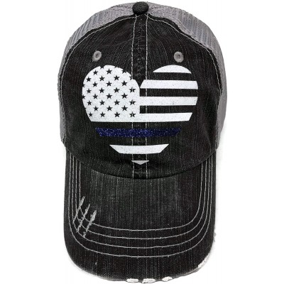 Baseball Caps White/Blue Glitter Thin Blue Line/Flag Heart Distressed Look Grey Trucker Cap Police - CH18M7U8MR3 $31.10