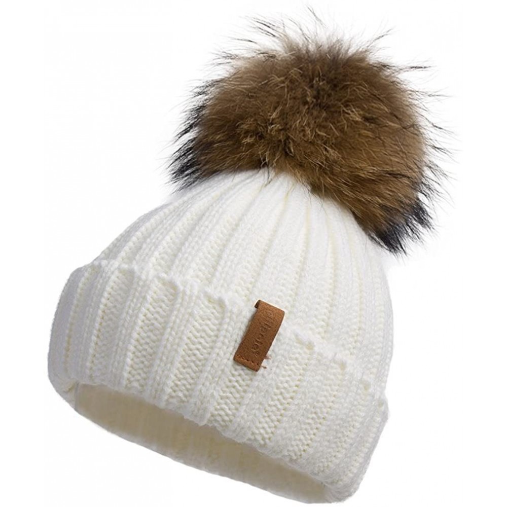 Skullies & Beanies Women Winter Knitted Beanie Hat with Fur Pom Bobble Hat Skull Beanie for Women - Cream( Gold Pompom) - CA1...