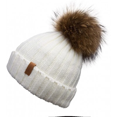 Skullies & Beanies Women Winter Knitted Beanie Hat with Fur Pom Bobble Hat Skull Beanie for Women - Cream( Gold Pompom) - CA1...