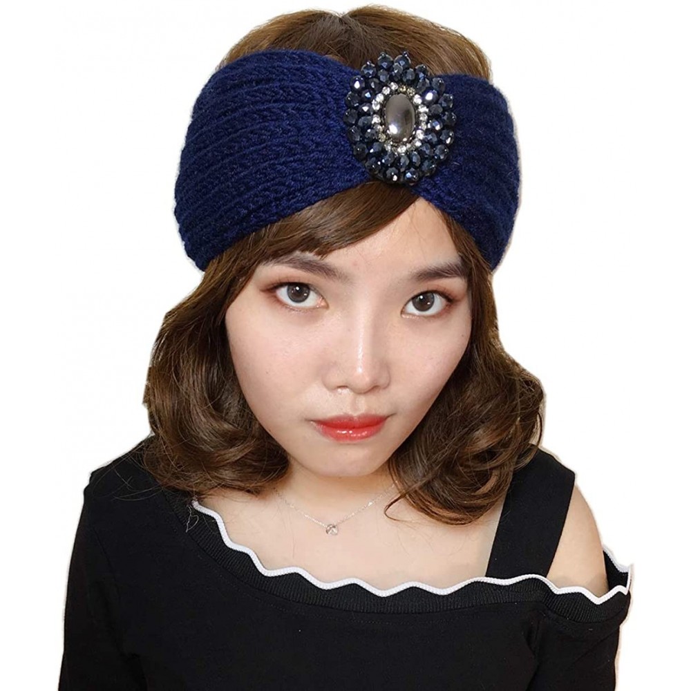 Cold Weather Headbands Retro Bohemian Beads Cable Knitted Winter Turban Ear Warmer Headband - Navy Blue - CE189MW3XG2 $8.70