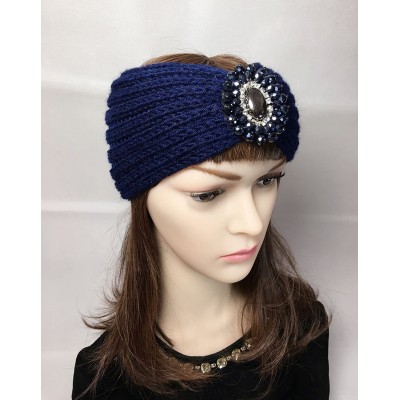 Cold Weather Headbands Retro Bohemian Beads Cable Knitted Winter Turban Ear Warmer Headband - Navy Blue - CE189MW3XG2 $8.70