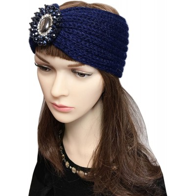 Cold Weather Headbands Retro Bohemian Beads Cable Knitted Winter Turban Ear Warmer Headband - Navy Blue - CE189MW3XG2 $8.70