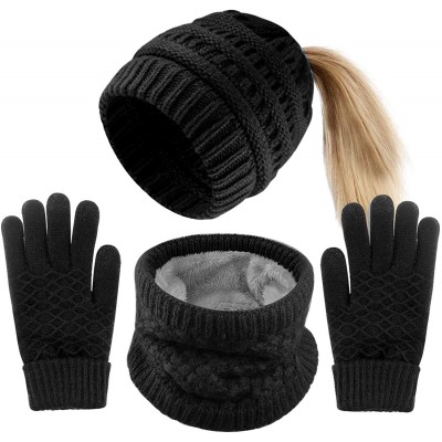 Skullies & Beanies 4 Pieces Womens Winter Beanie Hats with Ponytail Hole Knit Scarf Gloves - Black - CJ18YSNDU23 $22.74