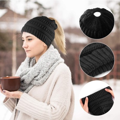 Skullies & Beanies 4 Pieces Womens Winter Beanie Hats with Ponytail Hole Knit Scarf Gloves - Black - CJ18YSNDU23 $15.06