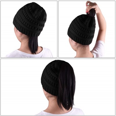 Skullies & Beanies 4 Pieces Womens Winter Beanie Hats with Ponytail Hole Knit Scarf Gloves - Black - CJ18YSNDU23 $15.06