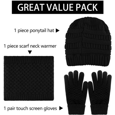 Skullies & Beanies 4 Pieces Womens Winter Beanie Hats with Ponytail Hole Knit Scarf Gloves - Black - CJ18YSNDU23 $15.06