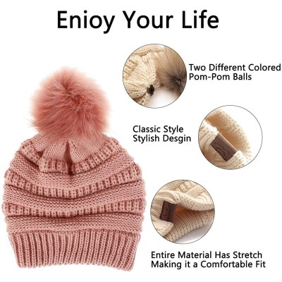 Skullies & Beanies Womens Winter Knit Beanie Hat-Winter Knit Beanie Hat for Women with Faux Fur Pompom Winter Soft Warm Ski C...