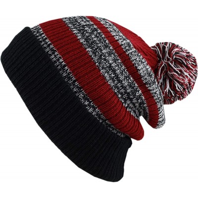Skullies & Beanies Winter Striped Cuffed Pom Pom Knit Soft Thick Beanie Skully Hat - Black-burgundy - CV18YL9H5DT $21.85