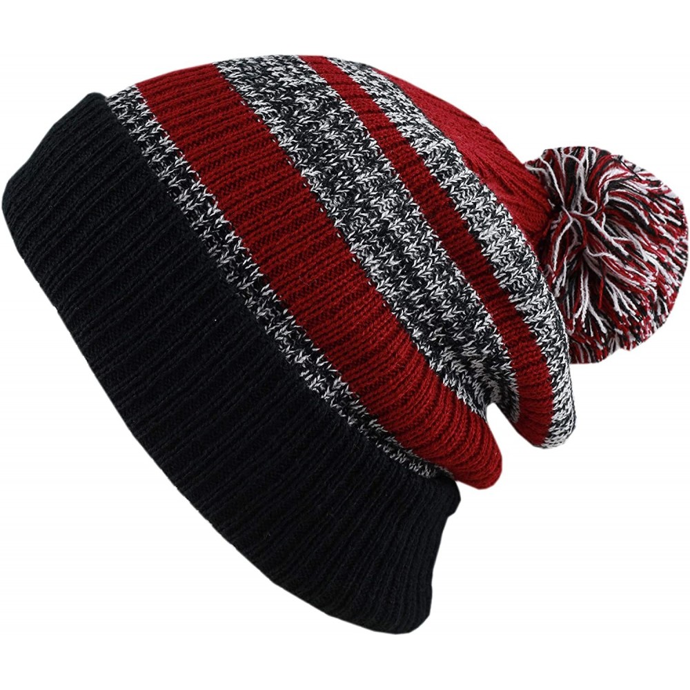 Skullies & Beanies Winter Striped Cuffed Pom Pom Knit Soft Thick Beanie Skully Hat - Black-burgundy - CV18YL9H5DT $8.80