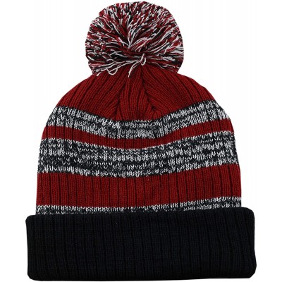 Skullies & Beanies Winter Striped Cuffed Pom Pom Knit Soft Thick Beanie Skully Hat - Black-burgundy - CV18YL9H5DT $8.80