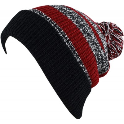 Skullies & Beanies Winter Striped Cuffed Pom Pom Knit Soft Thick Beanie Skully Hat - Black-burgundy - CV18YL9H5DT $8.80