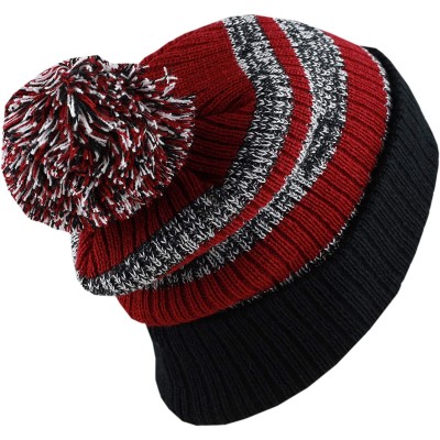 Skullies & Beanies Winter Striped Cuffed Pom Pom Knit Soft Thick Beanie Skully Hat - Black-burgundy - CV18YL9H5DT $8.80