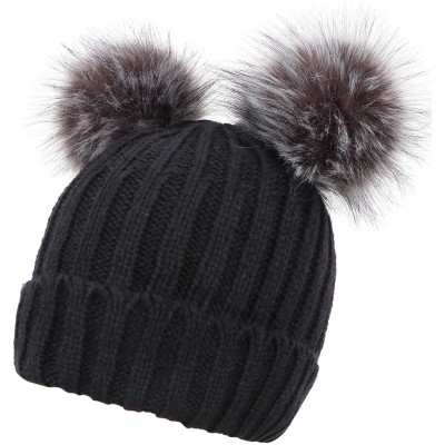 Skullies & Beanies Women's Winter Ski Knit Warm Fleece Beanie Hat w/Double Fur Pom - Black Hat Black Grey Ball Black Lining -...