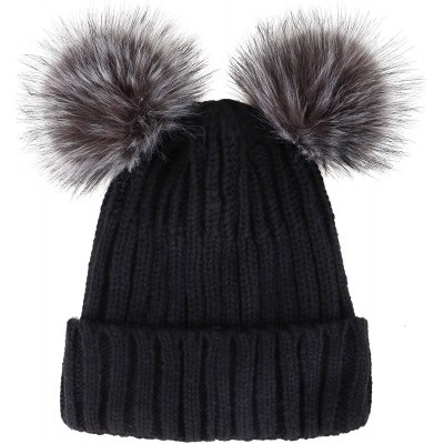 Skullies & Beanies Women's Winter Ski Knit Warm Fleece Beanie Hat w/Double Fur Pom - Black Hat Black Grey Ball Black Lining -...
