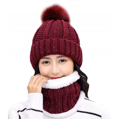 Skullies & Beanies Womens Winter Beanie Hat Scarf Set Warm Fuzzy Knit Hat Neck Scarves - C-wine Red - CT18ZDQ8IAT $13.67