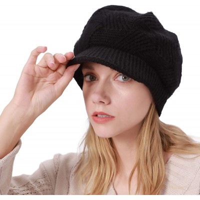 Skullies & Beanies Women Winter Warm Hat Slouchy Cable Knit Visor Crochet Beanie Hats Snow Ski Skull Cap with Brim Black - CG...