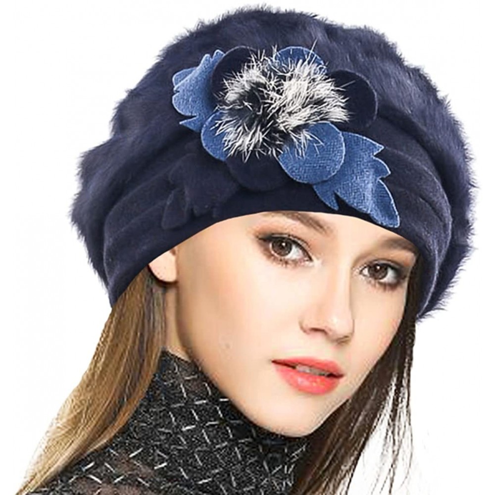 Bucket Hats Women's Wool Dress Church Cloche Hat Bucket Winter Floral Hat - Angola-navy - CH12O16HQZK $22.56