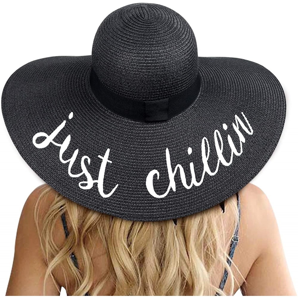 Sun Hats Womens Bowknot Straw Hat Foldable Beach Sun Hat Roll up UPF 50+ - Ae Just Chillin - Black - CY18SMU0ZKW $17.84