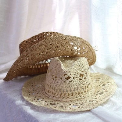 Sun Hats Summer Hats for Women Casual Solid Straw Hat Panama Cowboy Caps Men Hollow Out Beach Sun Hat - Beige - CA18EC6E48Z $...