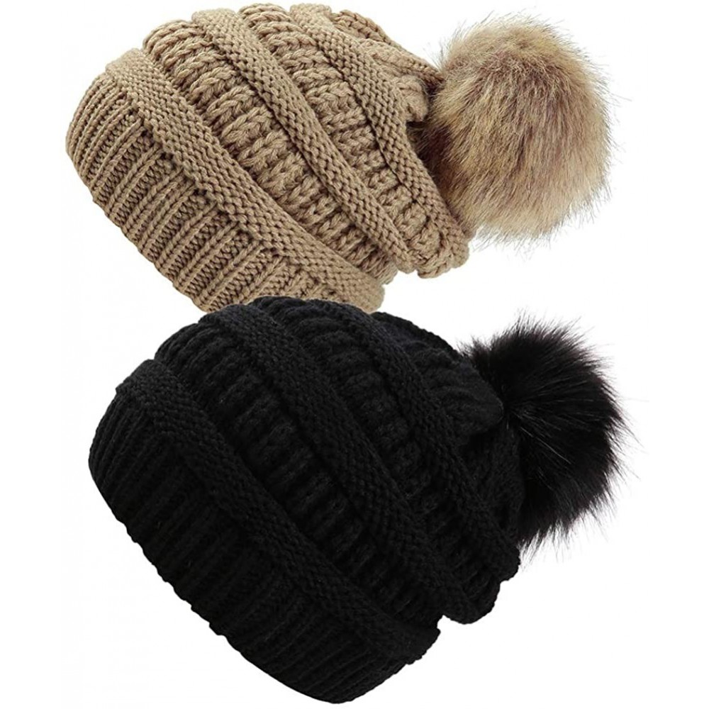 Skullies & Beanies Slouchy Winter Knit Beanie Cap Chunky Faux Fur Pom Pom Hat Bobble Ski Cap - Z-black/Khaki 2pcs - CV18RWAKM...