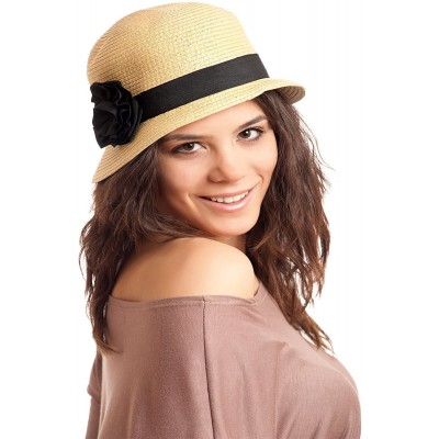 Bucket Hats Womens 100% Paper Straw Ribbon Flower Accent Cloche Bucket Bell Summer Hat - A Natural - CR12HN8O35L $15.62
