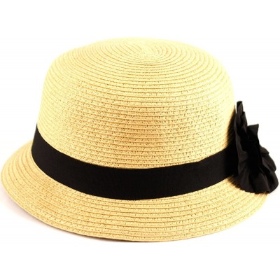 Bucket Hats Womens 100% Paper Straw Ribbon Flower Accent Cloche Bucket Bell Summer Hat - A Natural - CR12HN8O35L $15.62