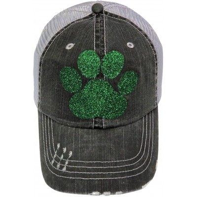 Baseball Caps Glitter Paw Print Grey Distressed Look Trucker Cap Sports School - Green Glitter Paw Print - C018723MMC8 $27.46