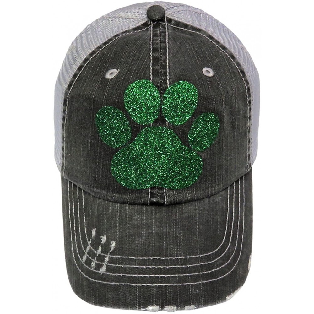 Baseball Caps Glitter Paw Print Grey Distressed Look Trucker Cap Sports School - Green Glitter Paw Print - C018723MMC8 $27.46