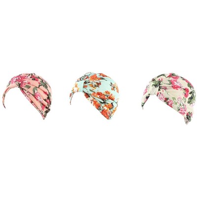 Skullies & Beanies Womens Floral Print Cotton Turban Chemo Sleep Cap-Turban Hat Cap Hair Wrap - 3 Colors(print Blue+pink+beig...